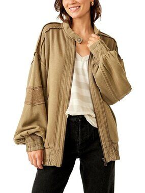 NWT Free People Women's Lou Moto Zip Jacket in Olive Stone Green Size XS
